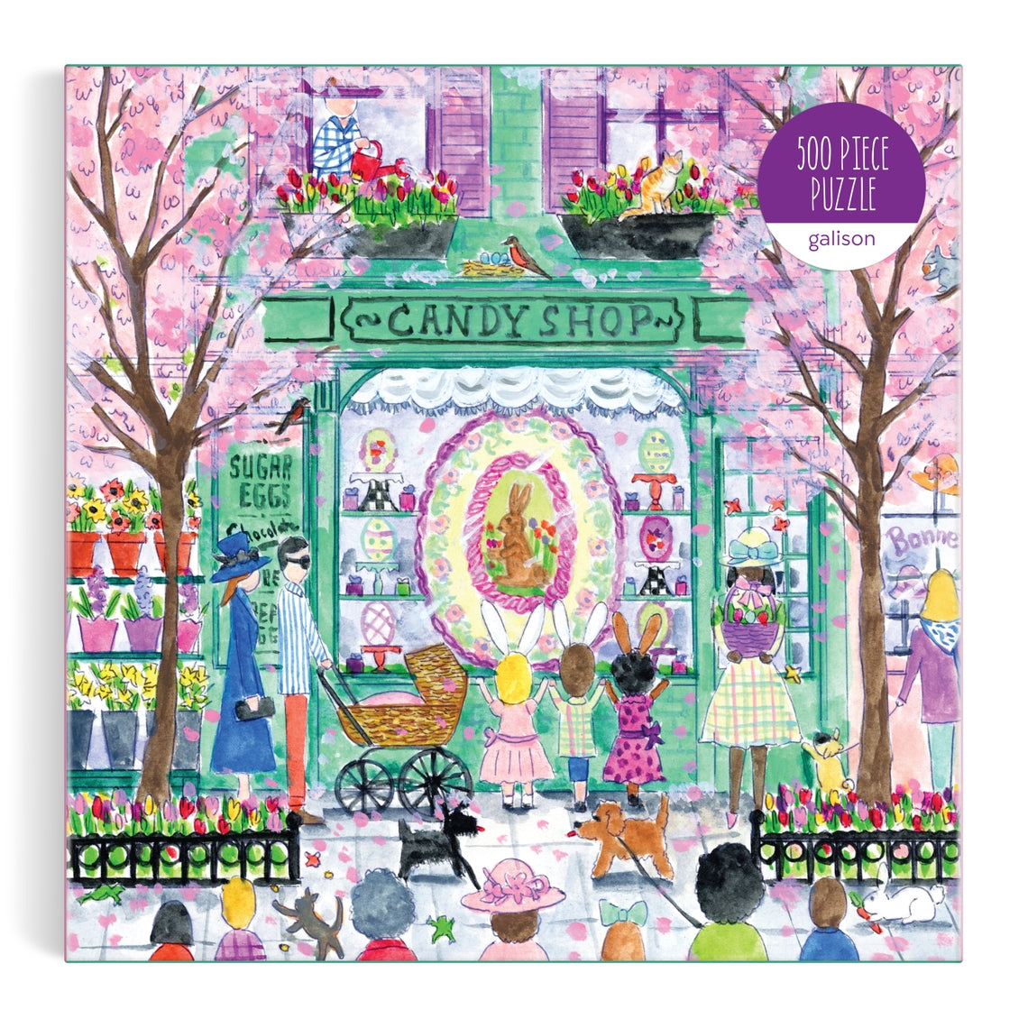 Michael Storrings Easter Candy Shop puzzle featuring colorful candy-themed illustrations on a white box.