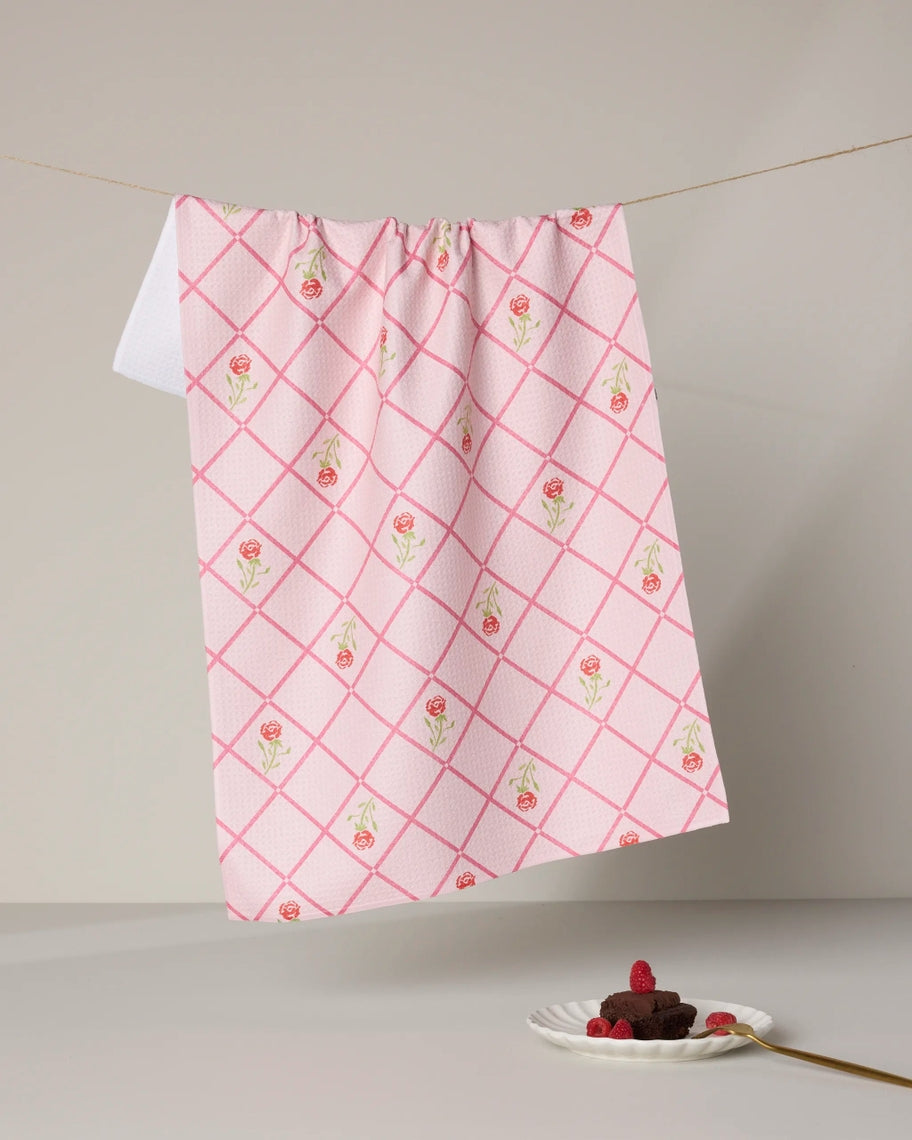 Spring Tea Towel in light green waffle weave with single-sided floral print