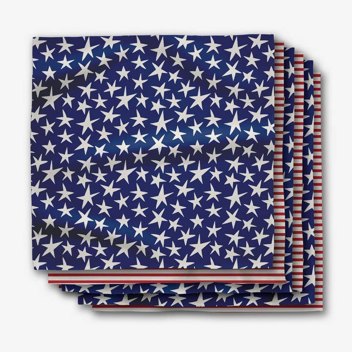 Set of six square Geosuede dinner napkins with a single-sided geometric print on recycled fabric.