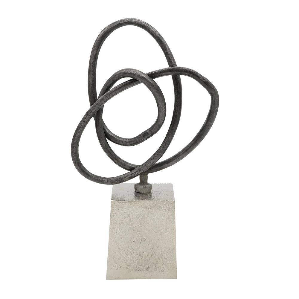 Abstract loop circle sculpture made of aluminum with a matte finish.