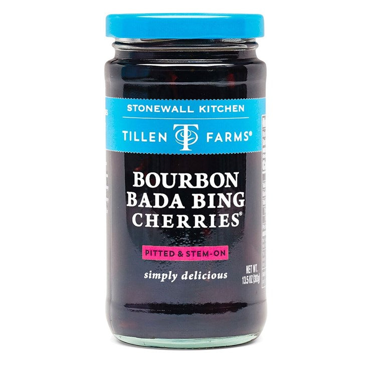13.5oz jar of Stonewall Kitchen Tillen Farms Bourbon Bada Bing Cherries, pitted and stem-on.