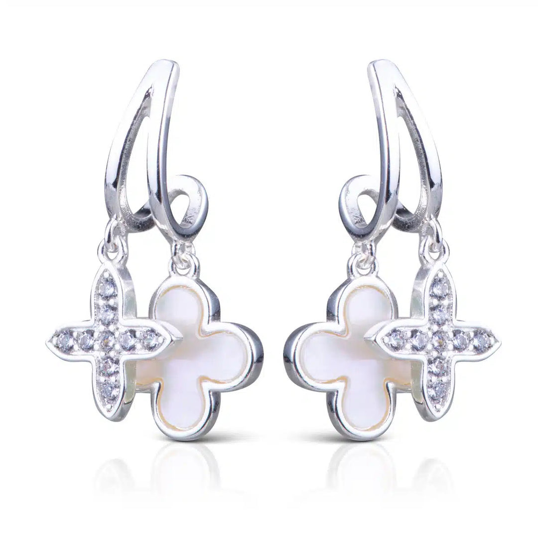 Silver double quatrefoil drop earrings with cubic zirconia and mother of pearl inlays.