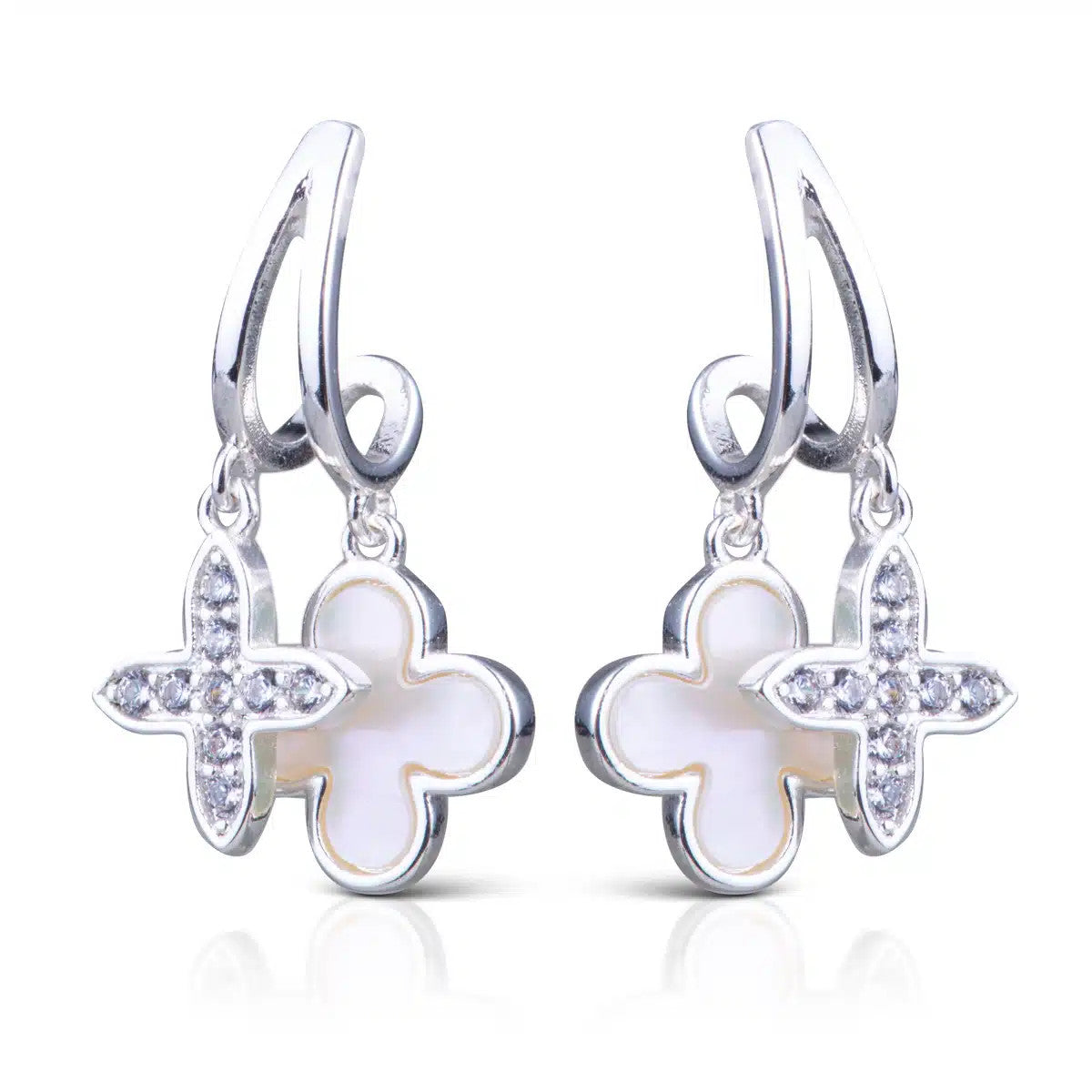 Silver double quatrefoil drop earrings with cubic zirconia and mother of pearl inlays.