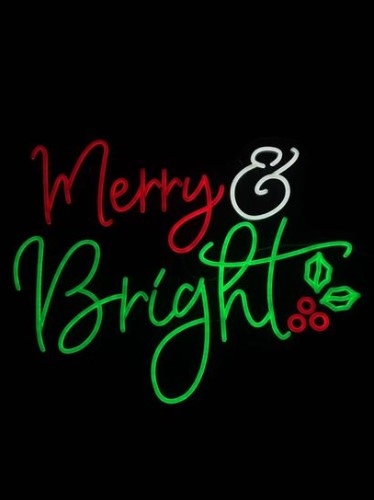 Battery-operated Merry & Bright LED sign with acrylic face in red, green, and gold festive colors.