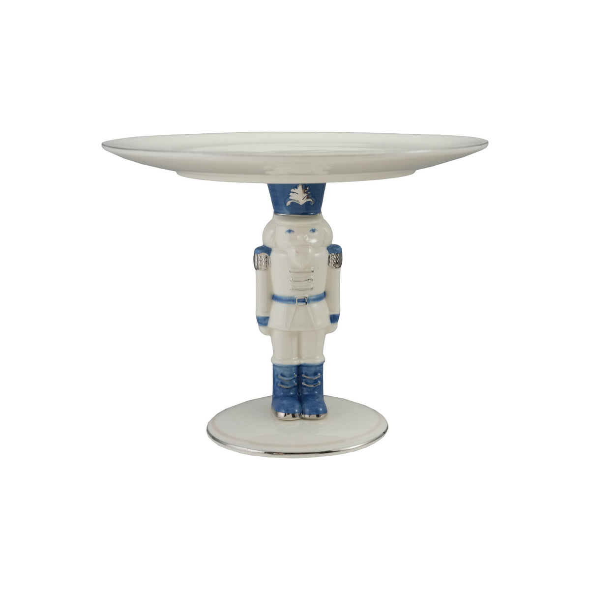 White and blue ceramic pedestal cake stand with a nutcracker base and silver electroplating.