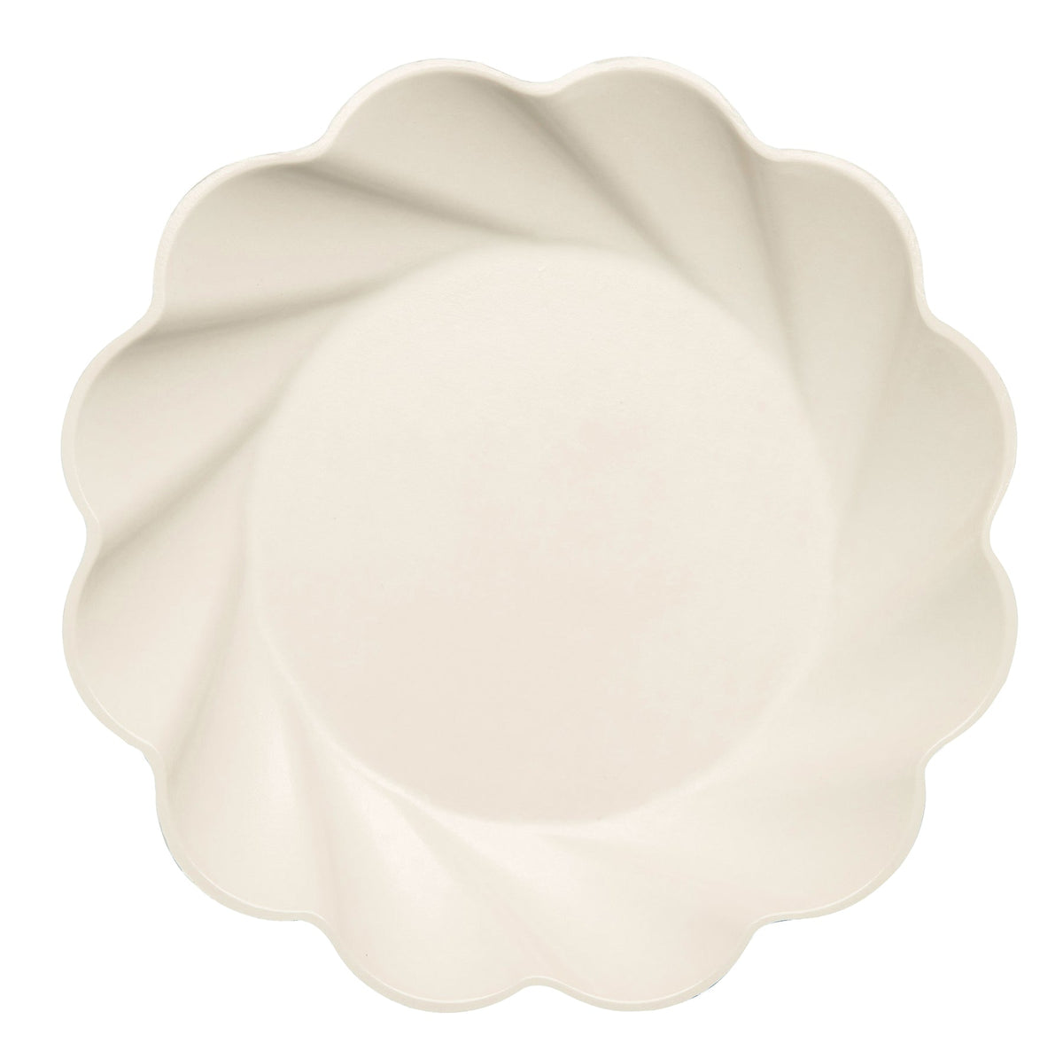 Off-white eco-friendly dinner plate with a scalloped, swirled rim design.