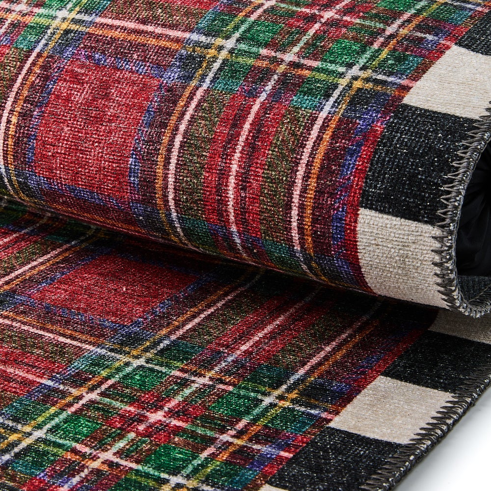 Royal Stewart tartan red washable rug with a traditional plaid pattern made from polyester.