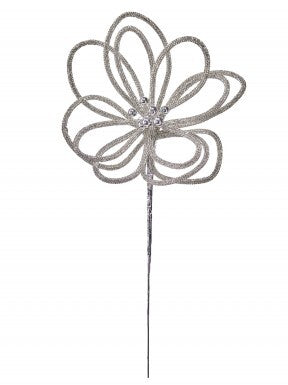 23 inch silver jewel open petal flower stem with glittery wire loops and beaded center.