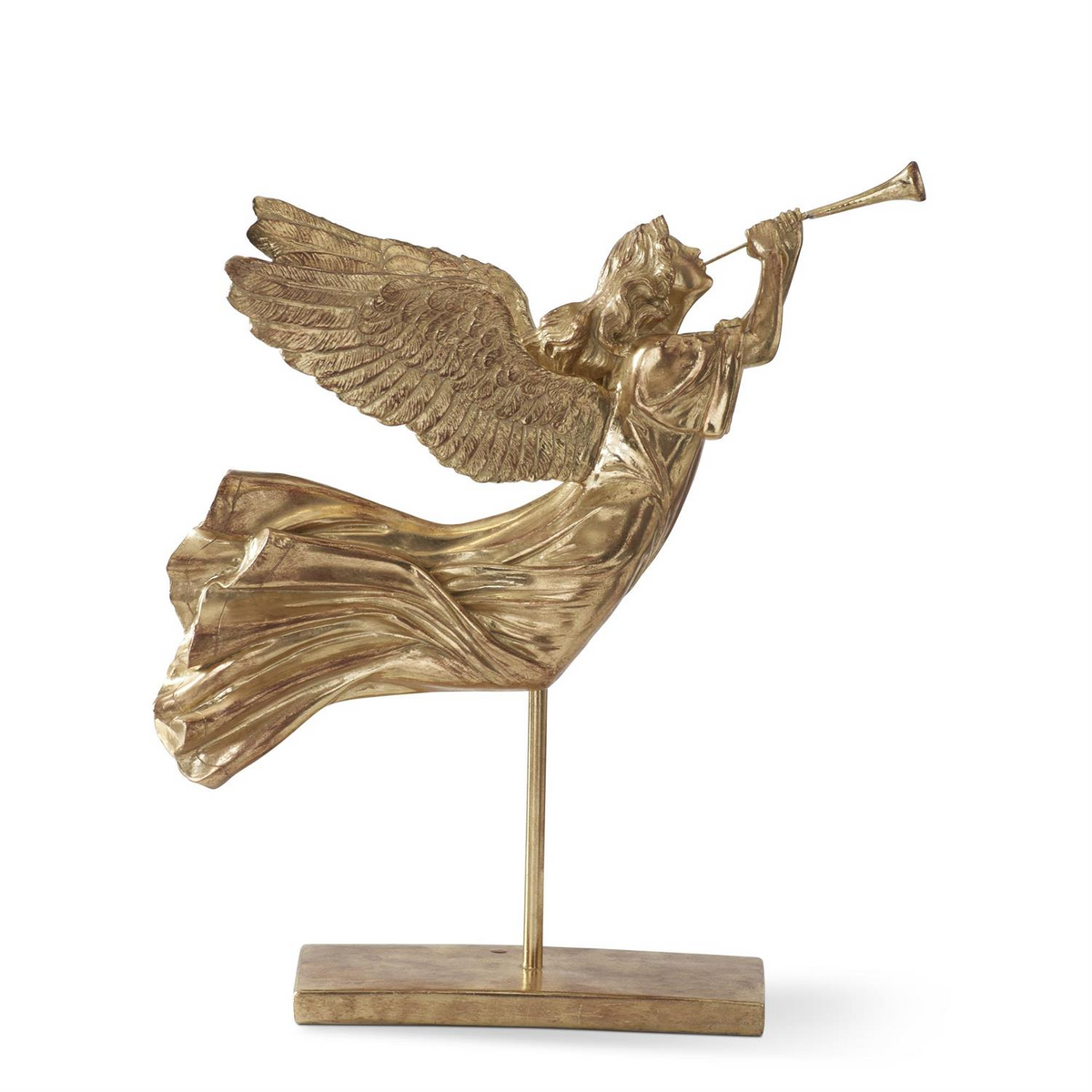 Gold resin angel with wings and trumpet on a stand.