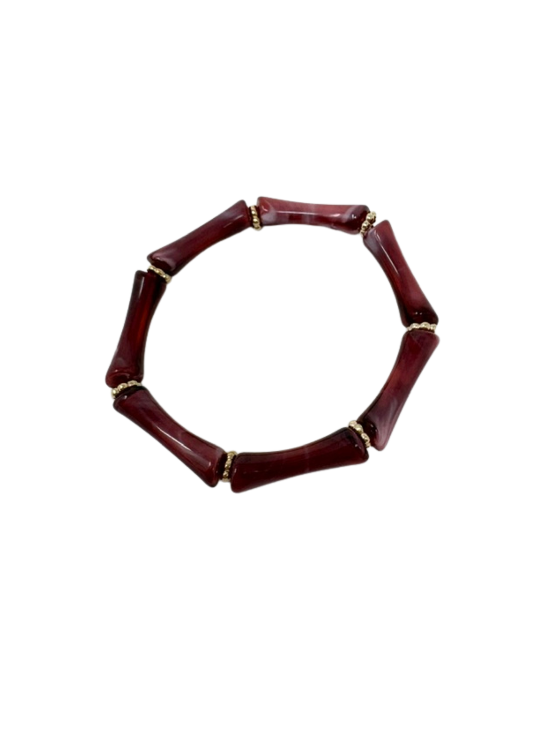Deep red resin tube stretch bracelet with small gold spacer beads.