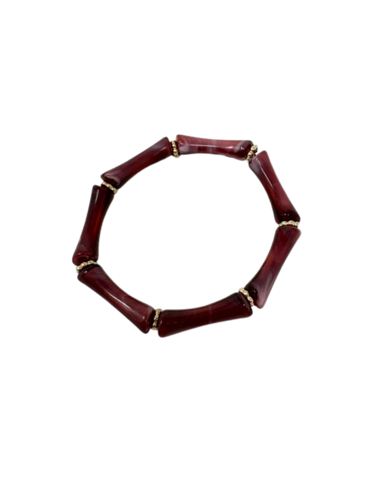 Deep red resin tube stretch bracelet with small gold spacer beads.