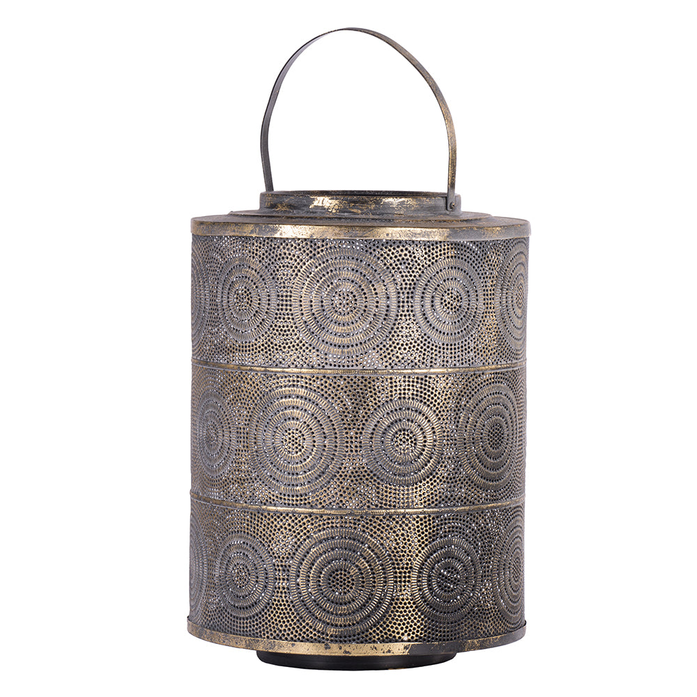 Cylindrical Raj Lantern in distressed gold iron with intricate circular perforated patterns.