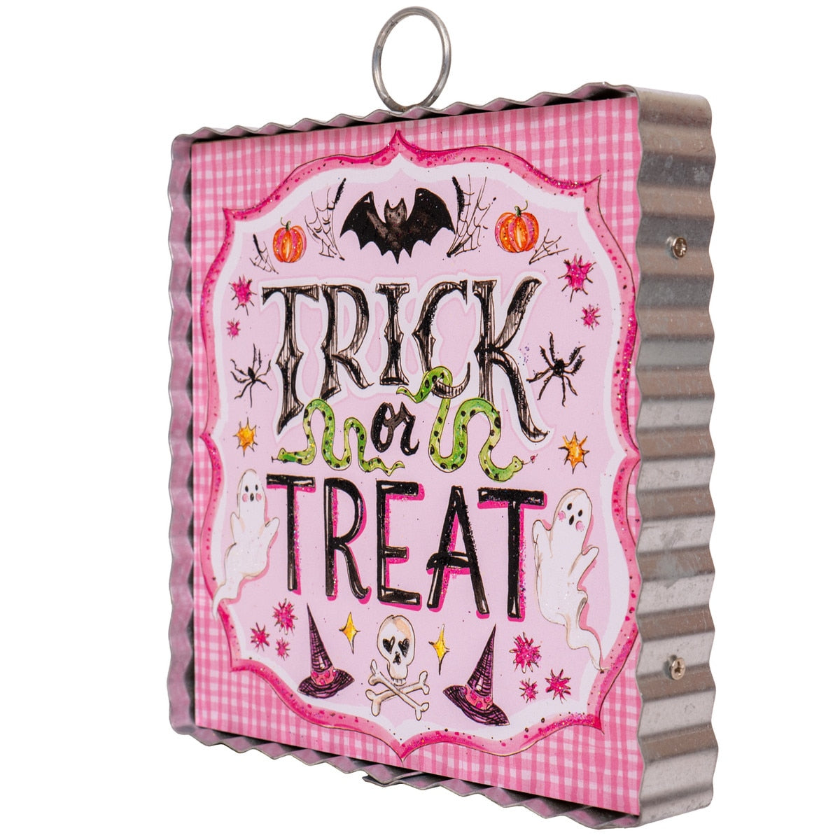 Mini pink gingham Trick or Treat print in a corrugated metal frame with a hanging ring.