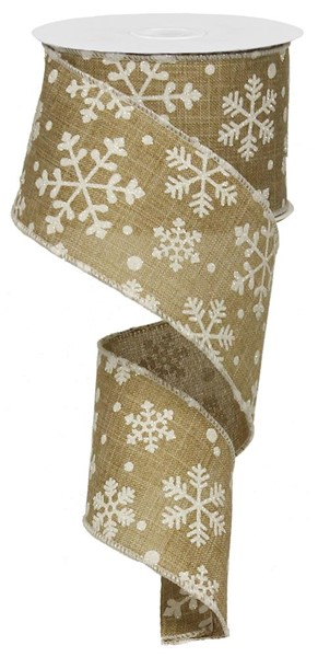 Light beige polyester ribbon with a white glittery snowflake pattern on a spool.