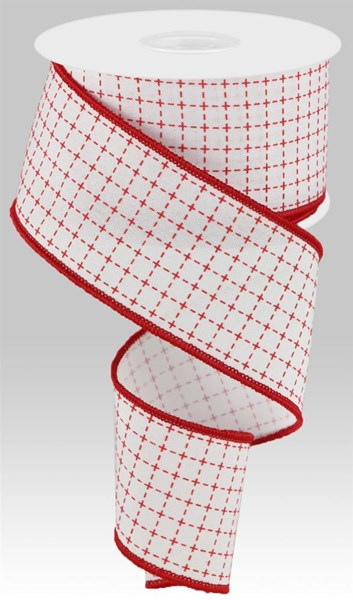 White polyester ribbon with a red stitched grid pattern and red finished edges on a spool.