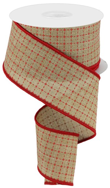 Tan polyester ribbon with a red stitched square pattern and red finished edges on a spool.