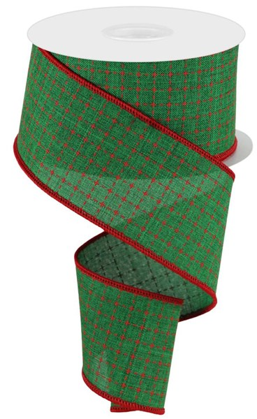Green polyester ribbon with a red stitched square pattern and red wired edges on a spool.