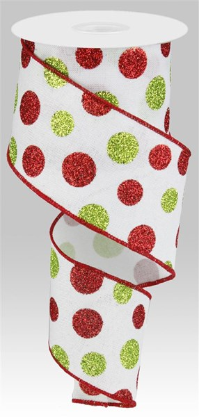 White wired ribbon with red and lime green glitter polka dots and a red stitched edge.