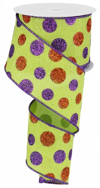 Lime green wired ribbon featuring purple and orange glitter polka dots on a spool.