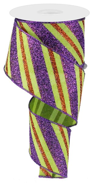 2.5-inch wide polyester ribbon featuring diagonal glitter stripes in purple, lime green, and orange.