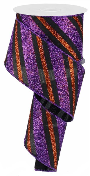 2.5-inch wide polyester ribbon with diagonal purple and orange glitter stripes on a black base.