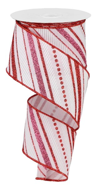 2.5-inch wide decorative ribbon with red and pink diagonal stripes and glittered accents.
