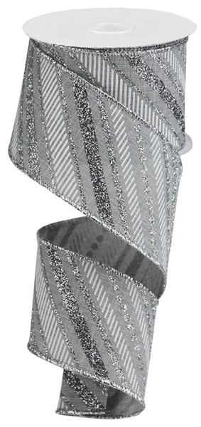 Silver decorative ribbon with diagonal stripes and glitter accents on a spool.