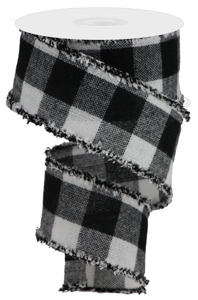 2.5-inch wide black and white buffalo check acrylic ribbon with a frayed, fuzzy edge.