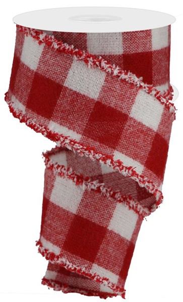2.5-inch wide red and white checkered acrylic ribbon with a fuzzy, frayed edge on a spool.