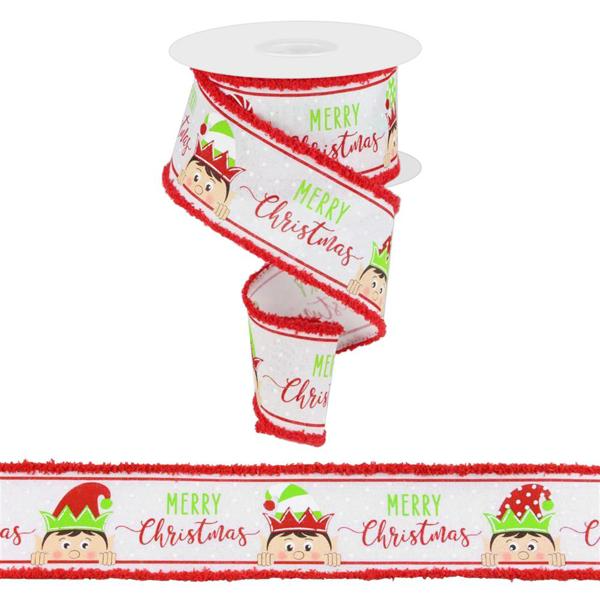 2.5-inch white polyester ribbon with a red frayed edge, featuring peeking elf and text pattern.