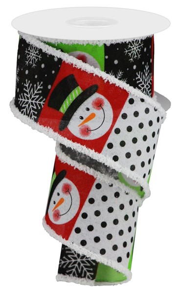 2.5-inch wide polyester ribbon featuring snowman faces, black polka dots, and white snowflakes.