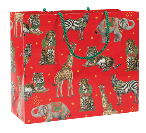Large horizontal gift bag with cheerful colorful prints on durable paper featuring strong handles.