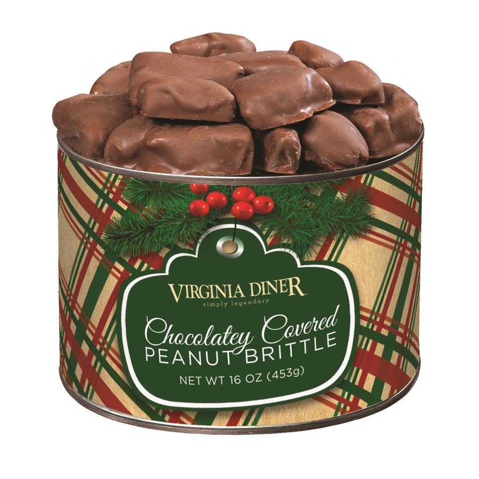 Open tin showing chocolate-covered peanut brittle with red holiday plaid pattern