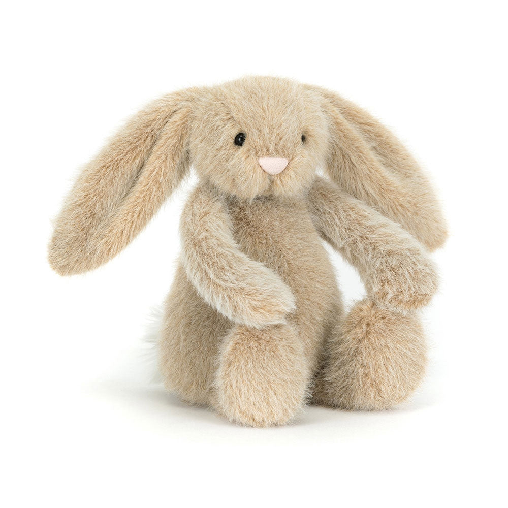 Sitting Flufflet Bunny plush toy in white polyester with hard eyes.