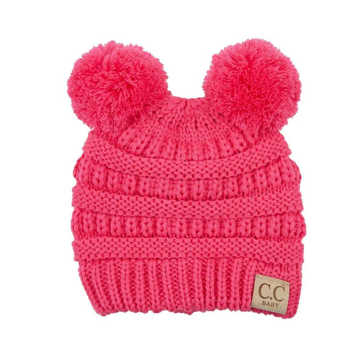 Authentic C.C brand cable knit baby beanie in soft yarn with a pom top and adjustable cuff.