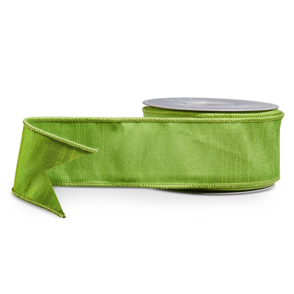 A spool of green polyester wired ribbon measuring 2.5 inches wide by 10 yards long.