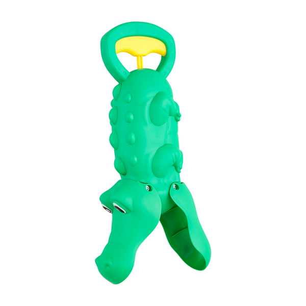 Plastic sand scoop with a long handle designed for beach play.