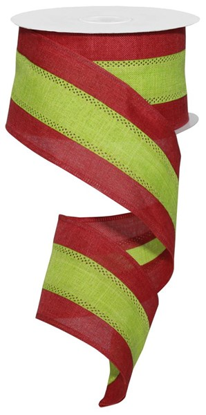 2.5-inch wide red and lime green striped burlap ribbon on a spool.
