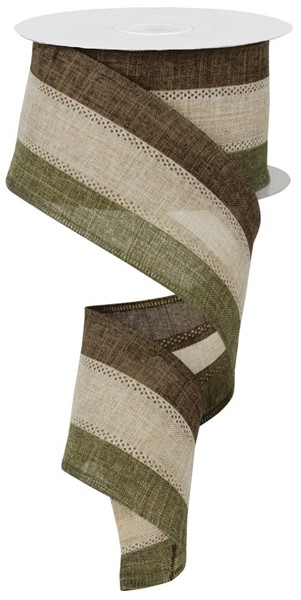 2.5-inch wide brown, light tan, and fern green striped polyester burlap ribbon on a spool.