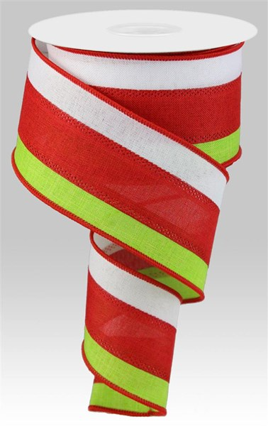 2.5-inch wide burlap ribbon with horizontal stripes in red, white, and lime green.