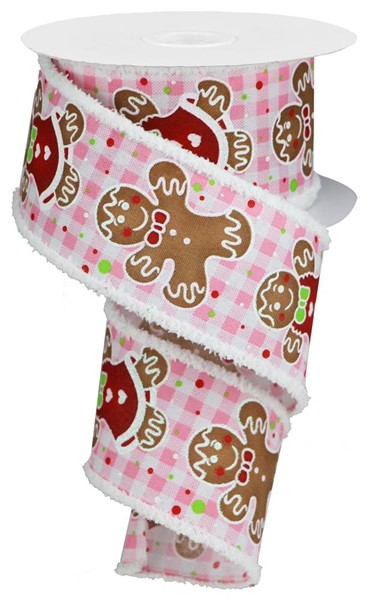 2.5-inch wide pink gingham ribbon with gingerbread men, red and green dots, and frayed edges.