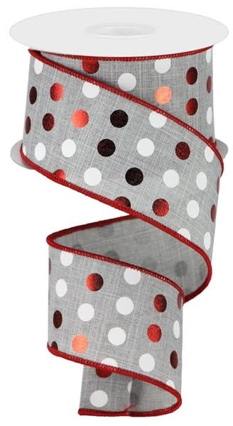Grey polyester ribbon with white and metallic red polka dots and a red stitched edge.
