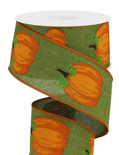 Green wired ribbon featuring an orange pumpkin and leaf pattern with orange stitched edges.