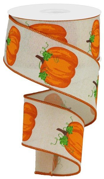 Decorative ribbon with an orange pumpkin and green leaf pattern on a beige polyester fabric.