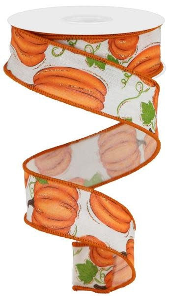 Off white cotton ribbon with wired edge featuring large orange pumpkins on a moss green background.