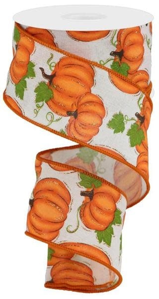 Wired edge ribbon featuring orange pumpkins and green leaves on an off-white cotton blend fabric.
