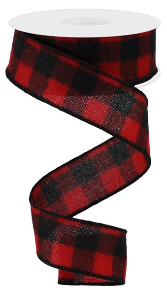 Red and black woven fuzzy flannel check ribbon with a soft texture.