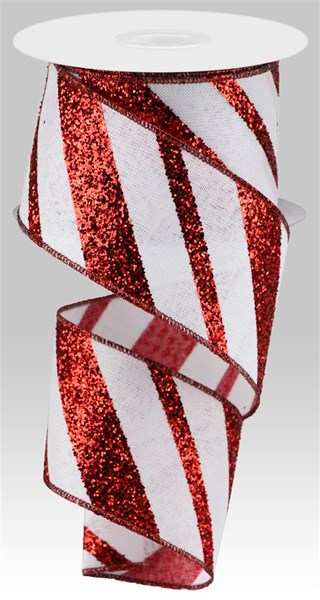 A spool of 2.5-inch wide white polyester ribbon with diagonal red glitter stripes.