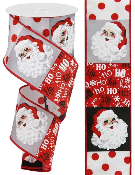 2.5-inch wide Christmas ribbon with Santa face blocks, red polka dots, and Ho Ho Ho text.