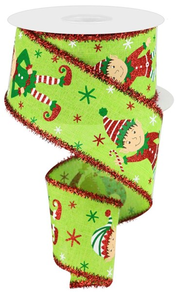Lime green Christmas ribbon with elf illustrations and red tinsel edges, 2.5 inches wide.